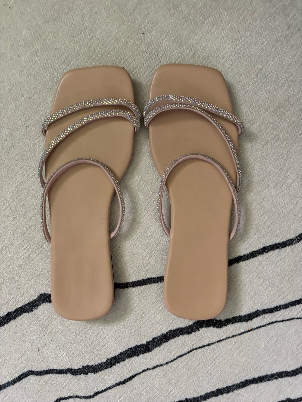 Beige Rhinestone Strappy Slide Sandals - Women's